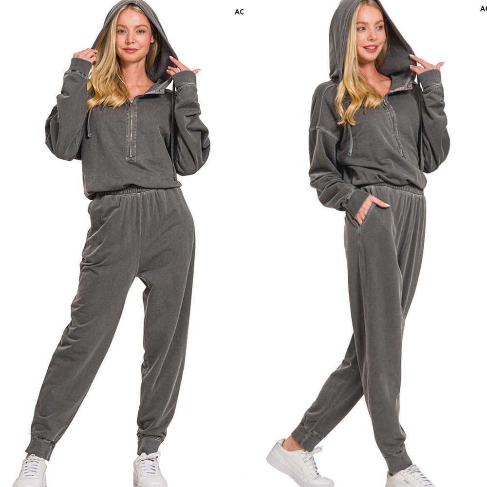NEW Zenana Ash Black French Terry Cotton Hooded Jogger Jumpsuit Size Small